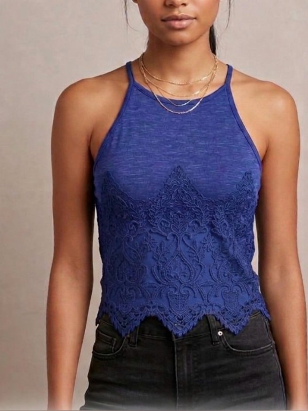 NWT About a Girl Blue Tank Top with Blue Lace Overlay size Small